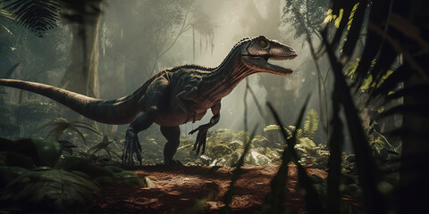 a photography of a Velociraptor in the jungle