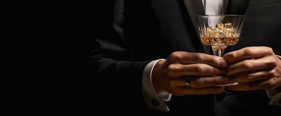 A successful businessman holding a glass of cognac or brandy. Concept of a successful businessman. Modern successful male lifestyle. copy space, digital art