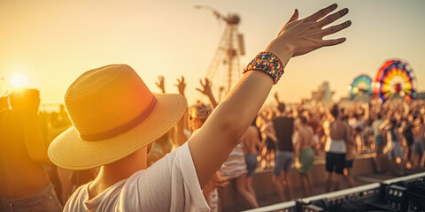 Blurred people having sunset beach party in summer vacation. Young people enjoying summer event. Bokeh People have fun on a beach.  