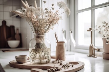 Dry flowers in a vase. Minimalist Scandinavian kitchen with white and wood features. Photograph. Homely. Generative AI