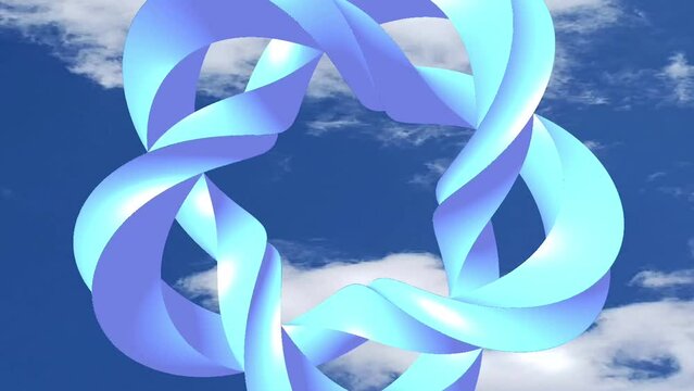 Sky glitch retro 90s 3D animated mobius flower burst on blue sky fluffy clouds backdrop texture layer, seamless loop