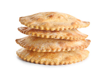 Stack of baked meat empanadas on white background