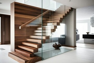 a contemporary interior design element featuring glass fencing and wooden stairs. Generative ai.