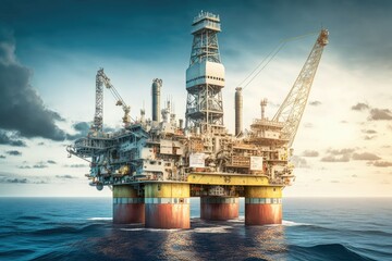 Obraz premium Offshore oil and gas drilling rig while completion well on oil and gas wellhead remote platform to running pipe line to oil and gas reservoir, Oil and gas production and exploration. Generative ai.