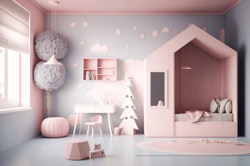 modern house children room, minimalistic, light pink color. Generative ai.