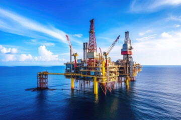Offshore oil and gas drilling rig while completion well on oil and gas wellhead remote platform to running pipe line to oil and gas reservoir, Oil and gas production and exploration. Generative ai.