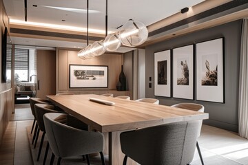 Dining Room: As you step into the dining room, you see a long wooden table with sleek chairs. You notice the statement lighting fixture above the table and the minimalistic wall art. Generative ai