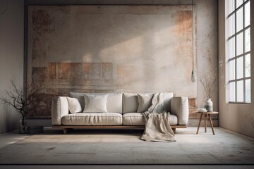 Wabi sabi living room with plaster wall. Macrame wall art and minimalist fabric couch. Japanese interiors. Generative AI