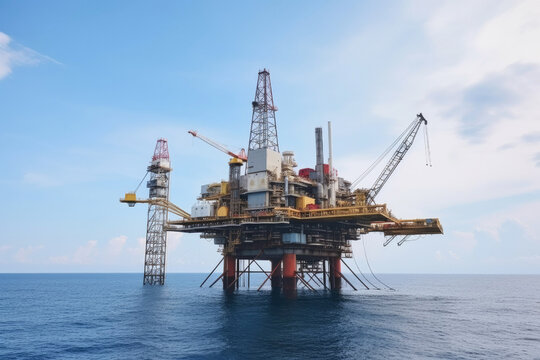 Offshore oil and gas drilling rig while completion well on oil and gas wellhead remote platform to running pipe line to oil and gas reservoir, Oil and gas production and exploration. Generative ai.