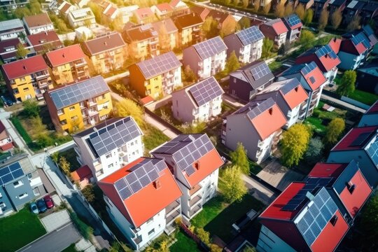 drone view of residential houses with photovoltaic solar panels. Alternative and Renewable energy concept, top down view, high contrast and saturation. Generative ai.