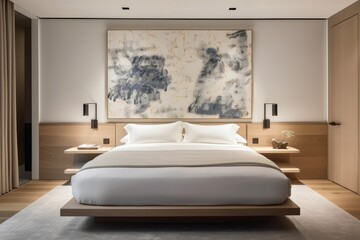 Bedroom: As you walk into the bedroom, you see a low platform bed with white bedding and a single piece of abstract art on the wall.  Generative ai.