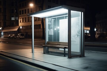 Mockup of blank advertising light box on the bus stop. Generative ai.
