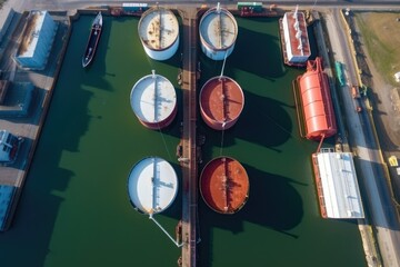 Tanks with petroleum products are among port. The view from the top. aerial view. Generative ai.