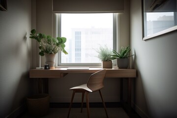 Study: As you enter the study, you see a minimalist desk with a sleek chair and a single plant on the windowsill. Generative ai.