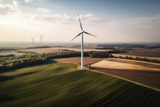 Close-up photo of a wind turbine, aerial photo, fields in background. Generative ai
