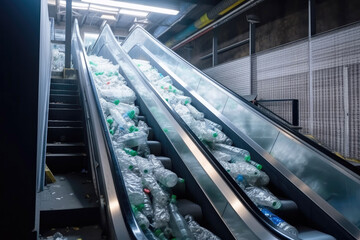 Fototapeta premium escalator with a pile of plastic bottles at the factory for processing and recycling. PET recycling plant. Generative ai.