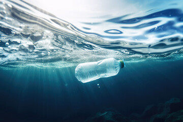 Plastic water bottles pollution in ocean (Environment concept). Generative ai. - obrazy, fototapety, plakaty