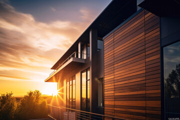 Fototapeta premium close up photo of solar panels on a new modern home, sunset in background. Generative ai