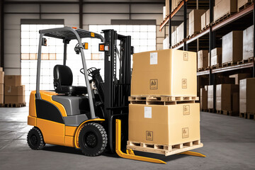 Forklift loads pallets and boxes in warehouse. generative ai.