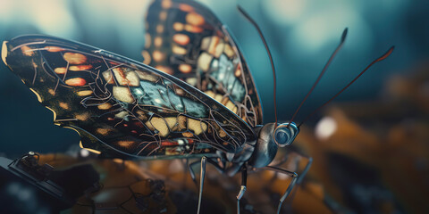 Fototapeta na wymiar amazing macro photography of a cyborg butterfly in the nature, futuristic, robot implants