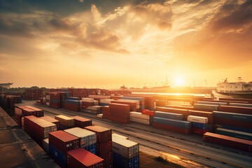 Storage at port with containers at sunset. Generative ai.