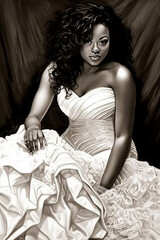 A bridal concept sketch with a beautiful African American bride. Generative AI.