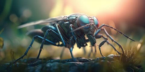 amazing macro photography of a cyborg fly in the nature, futuristic, robot implants
