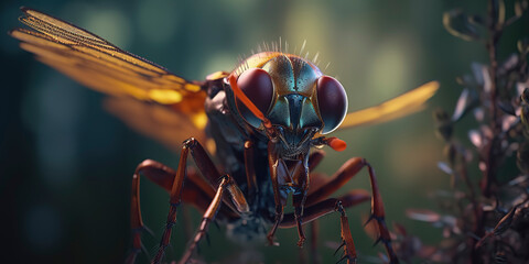 amazing macro photography of a cyborg fly in the nature, futuristic, robot implants