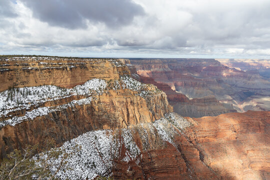Views from the South Rim into the snowy Grand Canyon National Park, Arizona