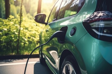 Electric car charging in nature, background with mountains and green trees. Generative AI