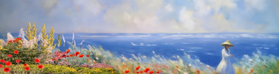 Foto op Canvas wild field  lavender and poppy flowers on horizon blue  sunny sky and sea ,nature landscape  ,colorful abstract art ,banner ,impressionism paint oil  art   abstract  banner © Aleksandr