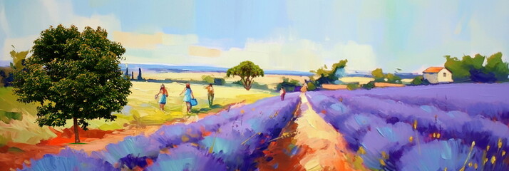 Obraz na płótnie Canvas wild field lavender and poppy flowers on horizon blue sunny sky and sea ,nature landscape ,colorful abstract art ,banner ,impressionism paint oil art abstract banner