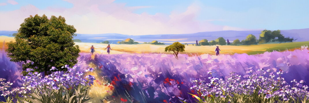 wild field  lavender and poppy flowers on horizon blue  sunny sky and sea ,nature landscape  ,colorful abstract art ,banner ,impressionism paint oil  art   abstract  banner