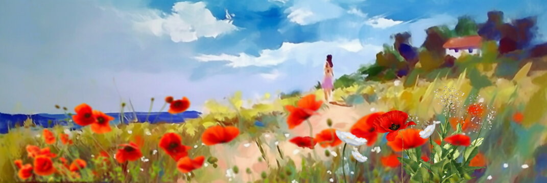 wild field  lavender and poppy flowers on horizon blue  sunny sky and sea ,nature landscape  ,colorful abstract art ,banner ,impressionism paint oil  art   abstract  banner