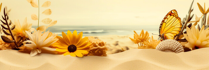 summer background, sand, beach, horizontal layout banner with copy space, generative ai