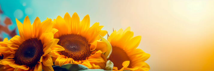 sunny day, sunflowers in meadow, background, horizontal layout banner with copy space, generative ai