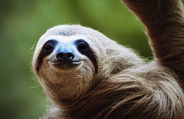 Naklejka premium happy sloth hangs on a branch in South America forest, generative AI