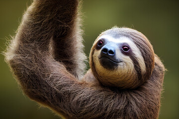 Fototapeta premium happy sloth hangs on a branch in South America forest, generative AI