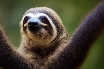 Naklejka premium happy sloth hangs on a branch in South America forest, generative AI