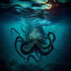 Fototapeta na wymiar octopus in deep blue ocean depths, generative AI