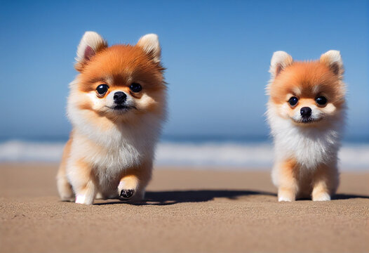 Two cute dogs on summer on beach on sunny day, generative AI