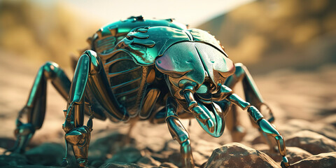 amazing macro photography of a cyborg scarab in the nature, futuristic, robot implants