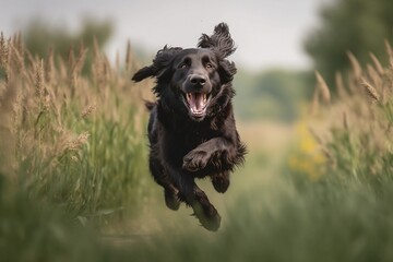Flat Coated Retriever jumping in joy runing to the camera