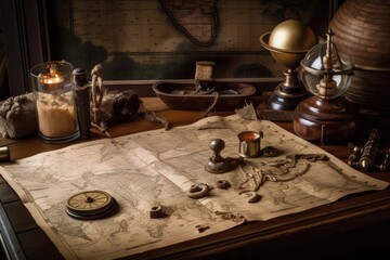 Fototapeta na wymiar Background with a pirate treasure map, brown wooden table, and other series.Generative AI