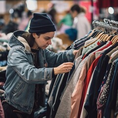Fototapeta premium fashion shopping on a bargain and deal, thrift stoere, fashionable, eco friendly, renewable, ai generated