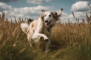 Obraz na płótnie Canvas Borzoi jumping in joy runing to the camera