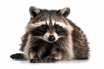 curious raccoon sitting on the ground and staring at the viewer. Generative AI