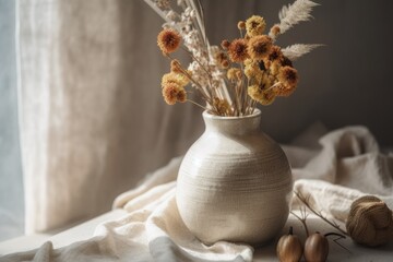 Dry flowers in a white vase on beige cloth. House decor. Generative AI