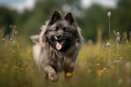 Keeshond jumping in joy runing to the camera