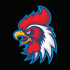 Obraz premium Rooster head mascot logo isolated on black background, vector illustration of a angry rooster head 